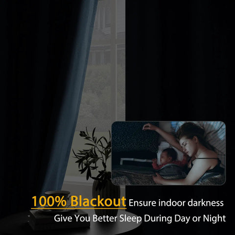Dark Blue Blackout Linen Textured Curtains Set for Living Room and Bedroom, blocking sunlight, showing nighttime sleep scene