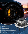 AWD Rear Wheel Bearing and Hub Assembly Replacement Fits Nissan Juke 2011-2017 and Nissan Rogue 2008-2020 Rogue Sport 2017-2022 Rogue Select 2014-2015 and Qashqai 2017-2021 5 Lug Non ABS 2 Pack shown next to a sports car tire, highlighting OEM standard and durability.