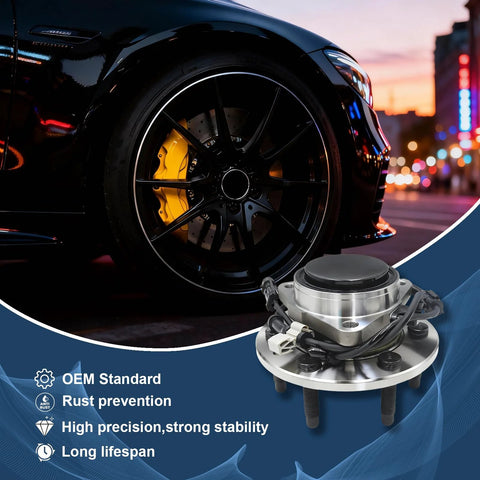 AWD Rear Wheel Bearing and Hub Assembly Replacement Fits Nissan Juke 2011-2017 and Nissan Rogue 2008-2020 Rogue Sport 2017-2022 Rogue Select 2014-2015 and Qashqai 2017-2021 5 Lug Non ABS 2 Pack shown next to a sports car tire, highlighting OEM standard and durability.