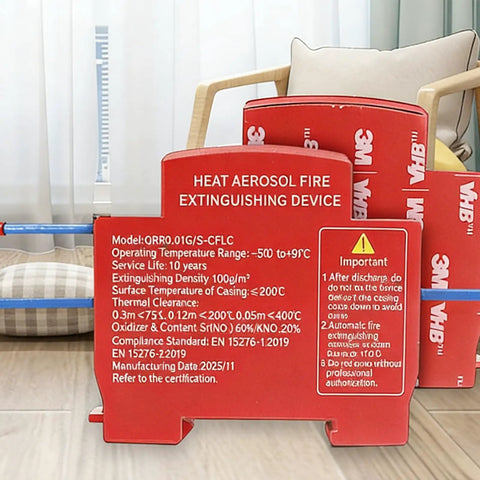 Automatic Fire Extinguisher With Dual Line Din Rail Mount And Smart Heat Sensor Quits Electrical Panel Flames Cold Using Clean Non Toxic Aerosol Tech For Home Meter Boxes And Breaker Cabinets displayed on a red background with technical details.