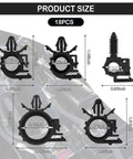 Diagram showing six sizes of clips from 130Pcs Automotive Cable Ties And Wire Loom Kit with measurements