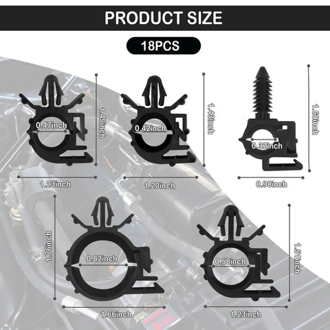 Diagram showing six sizes of clips from 130Pcs Automotive Cable Ties And Wire Loom Kit with measurements