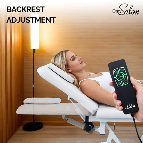 OmySalon Pro Electric Lift Massage Table With Dual Motors For Facial Beauty Salon Spa Therapy showing remote control for backrest adjustment.