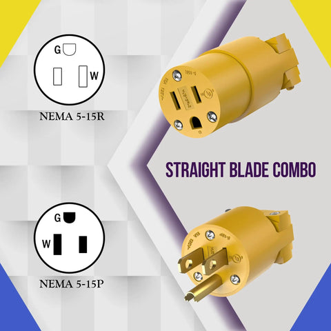 Replacement Plug And Connector Set For Extension Cords, 5 Pack, NEMA 5-15P And 5-15R, 15 Amp 125 Volt, Straight Blade Grounding, UL Listed, Yellow