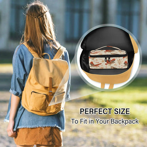 Raptor Inspired Kids Lunch Bag Insulated Tote With Red Tailed Hawk Design fits inside backpack, shown with girl walking to school.