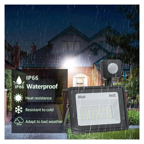 JUDYSSY Led Flood Light Pir Motion Sensor 30W in rain, showcasing IP66 waterproof design and motion sensor features.