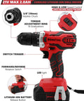 21V max drill from Ultimate 286 Piece Home And Auto Repair Tool Set with keyless chuck and torque adjustment features highlighted.