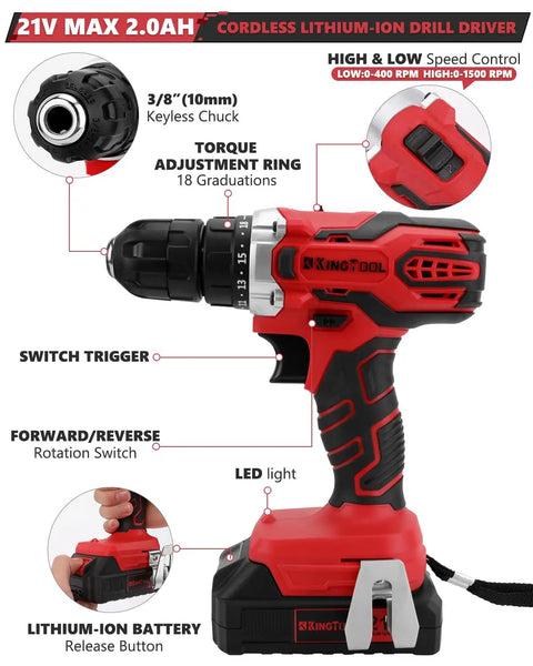 21V max drill from Ultimate 286 Piece Home And Auto Repair Tool Set with keyless chuck and torque adjustment features highlighted.