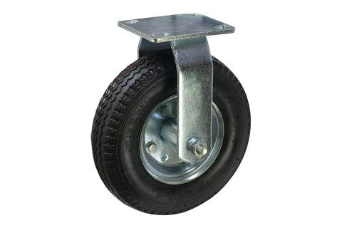 Built Tough 8 Inch Pneumatic Caster Wheel With Rigid Plate And 220 Pound Load Capacity featuring durable rubber tire and steel bracket.
