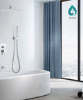 Dope 12 Inch Rainfall Shower Tub Faucet Set With 2 In 1 Handheld Sprayer in modern bathroom with chrome finish view