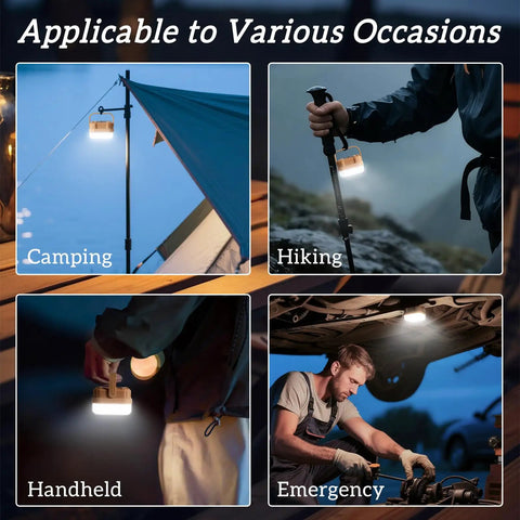 Four Pack Rechargeable Camping Lanterns With 300 Lumens, Three Light Modes, shown for camping, hiking, handheld, and emergencies