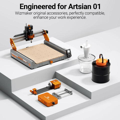Wizmaker Artisan 01 CNC machine with compatible accessories displayed on a white platform.