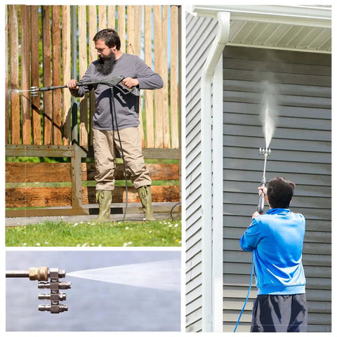 4 GPM High Pressure Washer Nozzle Kit With 4 Way Nozzles And One Quarter Inch Quick Connect For Soft Wash System in use on home exterior