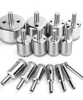 Front view of a 15-piece diamond drill bit set with diamond-coated hole saw bits and shanks.
