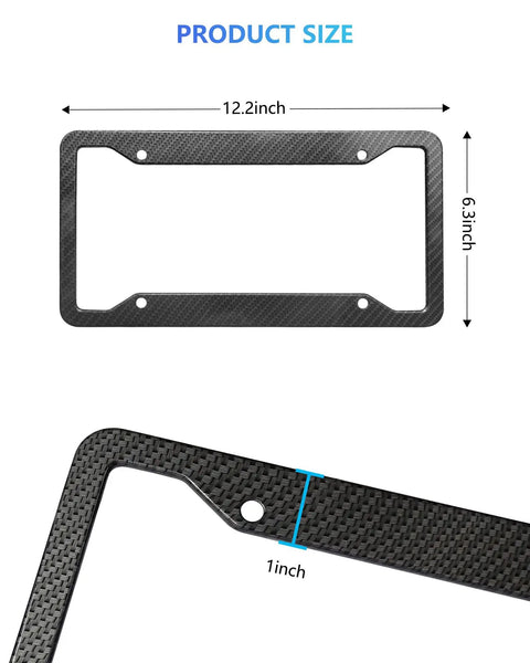 Rad Ride Carbon Fiber License Plate Frames 2 Pack Deep Glossy Black Aluminum Car Tag Holder Cover With Heavy Duty Steel Bolts, size details.