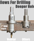 Front view of two Vearter carbide hole saws with pilot bits for metal, 5/8''–3'' size range.