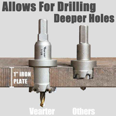 Front view of two Vearter carbide hole saws with pilot bits for metal, 5/8''–3'' size range.