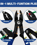 4-In-1 Electrician Pliers Set With Wire Cutter, Stripper, Crimper, And Gripper For 12-20 AWG showing functions and controls