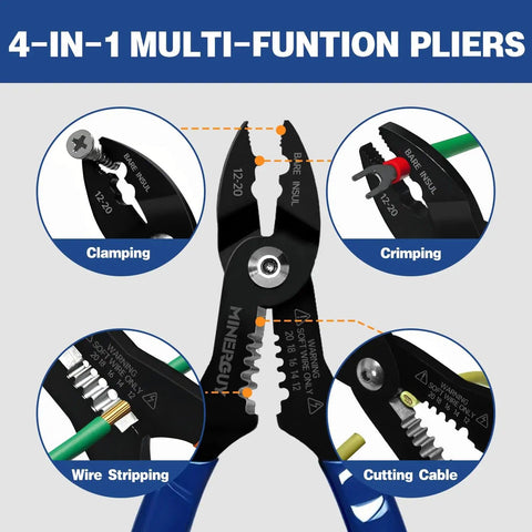 4-In-1 Electrician Pliers Set With Wire Cutter, Stripper, Crimper, And Gripper For 12-20 AWG showing functions and controls