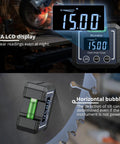 Heavy Duty Digital Angle Finder And Smart Inclinometer With Rock Solid Magnetic Base And Bright Backlight Display Accurate To Point One Degree Flawless For Woodwork And Fab Jobs showing VA LCD display and horizontal bubble.