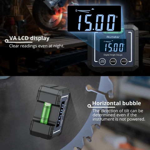 Heavy Duty Digital Angle Finder And Smart Inclinometer With Rock Solid Magnetic Base And Bright Backlight Display Accurate To Point One Degree Flawless For Woodwork And Fab Jobs showing VA LCD display and horizontal bubble.