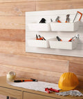 Six Pack Of Large Slatwall Storage Bins White PVC Slatwall Containers Stackable Bins For Garage And Tool Organization Hardware Organizer Baskets 13 X 9.7 X 4.3 Inches installed on slatwall with tools