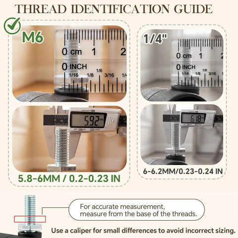 M6 thread identification guide for Pack Of Eight Heavy Duty Black Nylon Swivel Caster Wheels with measurement tools.