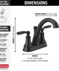 Woodhurst Matte Black Bath Faucet With 3-Hole 4-Inch Mount showing dimensions and specifications
