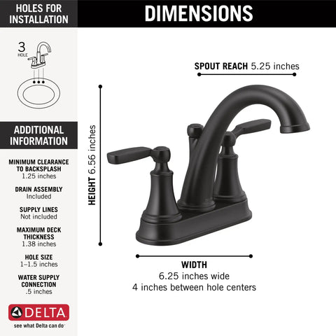 Woodhurst Matte Black Bath Faucet With 3-Hole 4-Inch Mount showing dimensions and specifications