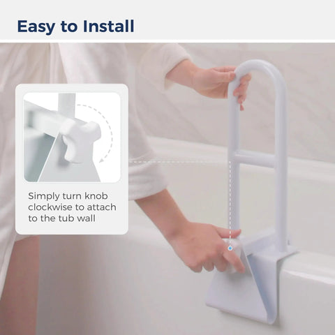 Person installing Handicap Shower Grab Bar For Bathtub And Shower White No Tool Install Heavy Duty Durable Steel Hand Rail Safe Non Slip