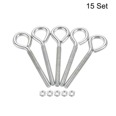 Heavy Duty M4x40mm Eye Hook Screws Kit 15Pc Carbon Steel Hanger Eyelets With Hex Nuts For Metal And Wood Projects Built Tough Eyelet Hooks Hardware Bundle, 5 hooks with nuts