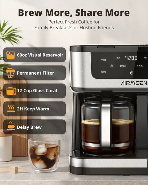 12 Cup Programmable Dual Coffee Maker With Single Serve And Multi Brew Modes For K Cup Pods And Ground Coffee, 1000W Fast Brew, Delay Start, 2 Hour Keep Warm, Touchscreen, 60 Oz Glass Carafe, Ideal For Home And Office displaying brewing options and features