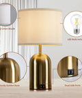 Touch Control Gold Bedside Table Lamps Set Of 2 For Bedroom, Living Room And Office with USB ports and LED bulb, 18 inch tall
