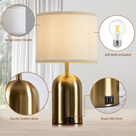 Touch Control Gold Bedside Table Lamps Set Of 2 For Bedroom, Living Room And Office with USB ports and LED bulb, 18 inch tall