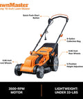 Orange electric lawn mower with 16 inch cutting width, 3500 RPM power, 12 amp corded design, eco friendly, five height settings