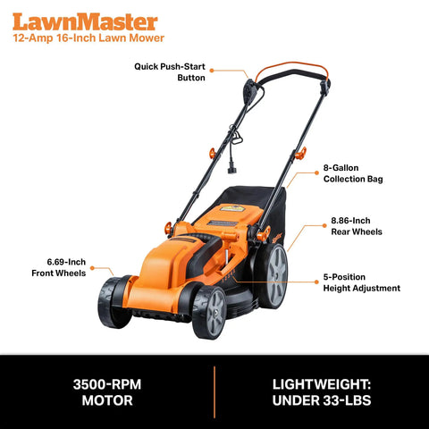 Orange electric lawn mower with 16 inch cutting width, 3500 RPM power, 12 amp corded design, eco friendly, five height settings