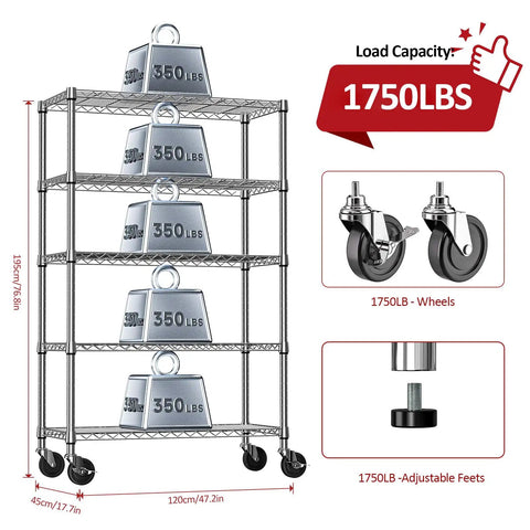 Five Tier Beast Mode Heavy Duty Steel Wire Shelving Unit On Casters With Adjustable Shelves Chrome Finish, 1750 lbs capacity.