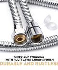 Close-up view of extra long 90 inch shower hose with brushed chrome finish, showing brass inner core and included washers for no kinking.