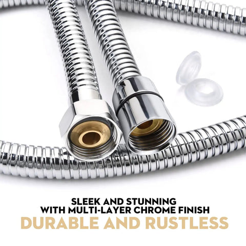 Close-up view of extra long 90 inch shower hose with brushed chrome finish, showing brass inner core and included washers for no kinking.