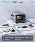 36V 8A Benchtop Power Supply With Ultra Low Ripple Under 10mV Aluminum Case USB A And Type C Ports Day Night Dual UI 4 Digit IPS Display PC Programmable 6 Preset Data For Precise Stable Power In Lab And DIY Projects with accessories on display