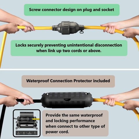 Heavy Duty Outdoor Extension Cord 200 Feet 12 Gauge 3 Prong Grounded Power Cable connection feature demonstration.