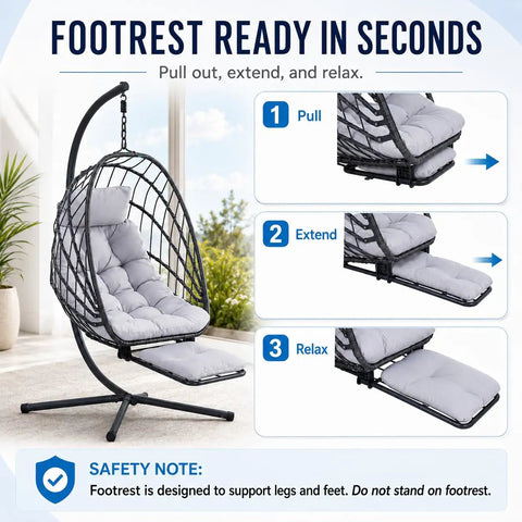 Chill Hanging Egg Chair With Stand And Retractable Footrest In Dark Gray Frame Wicker Rattan Swing Chair With Thick Cushion