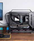 Portable Compact ATX E-ATX Gaming PC Case Silver Built For Gamers On The Go, Modular Layout For ATX E-ATX Boards, Holds 360mm Radiators, 420mm GPUs, 220mm PSUs, 165mm Towers, Multi Zone Fans For Serious Chill side view with glass panel