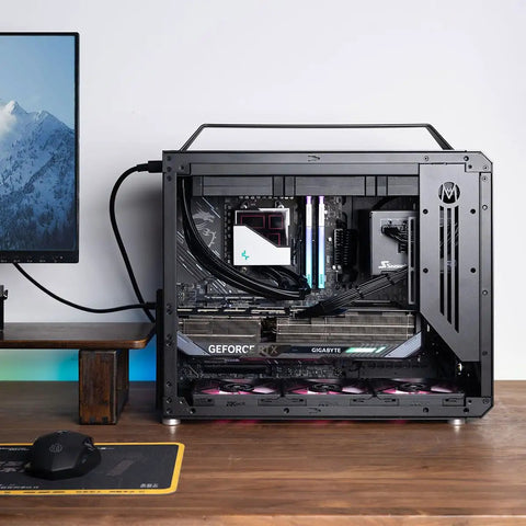 Portable Compact ATX E-ATX Gaming PC Case Silver Built For Gamers On The Go, Modular Layout For ATX E-ATX Boards, Holds 360mm Radiators, 420mm GPUs, 220mm PSUs, 165mm Towers, Multi Zone Fans For Serious Chill side view with glass panel