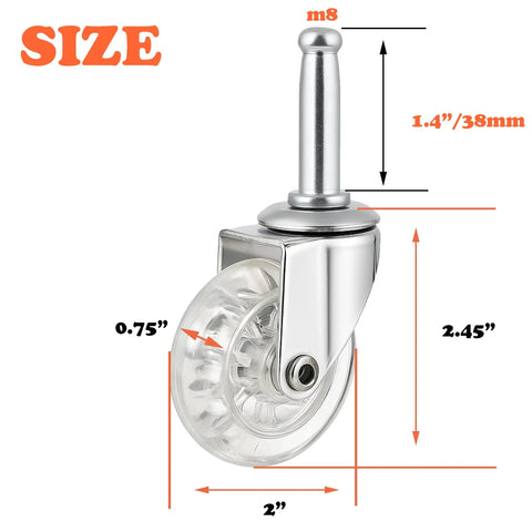 Bulletproof Two Inch Swivel Caster Wheels With No Sweat Mounting Sockets Crystal Clear smooth ride, showing size and wheel detail.