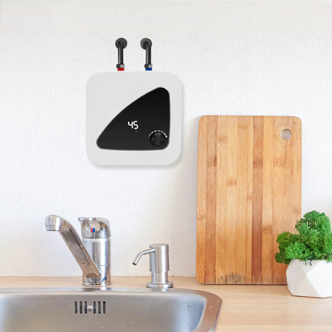Solid Build Instant Electric Water Heater For Under Sink, 2.1 Gallon Compact Tankless Unit mounted above kitchen sink.