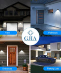 Dusk To Dawn Photocell LED Wall Pack Light With 3600 Lumens, 5000K Daylight installed on various outdoor locations like porches and garages.