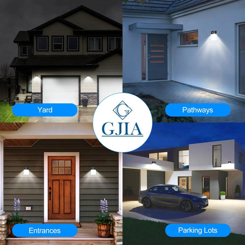 Dusk To Dawn Photocell LED Wall Pack Light With 3600 Lumens, 5000K Daylight installed on various outdoor locations like porches and garages.