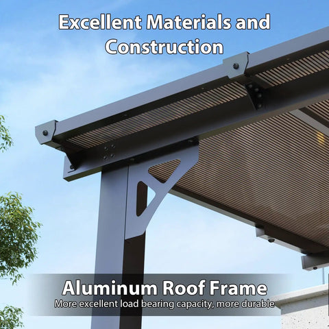 Close-up of Premium Aluminum Top Gazebo With Wall Mount For Outdoor Living 8 By 5 Feet Pergola with sloped roof structure.