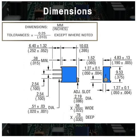 Diagram showing dimensions of multiturn trimmer potentiometer, part of the Multiturn Trimmer Potentiometer Kit With 12 Precision Values From 100 Ohm To 500K Ohm, 60Pcs DIYers Favorite Variable Resistors For DIY Electronics, Prototyping, Calibration, And Hobbyist Projects.